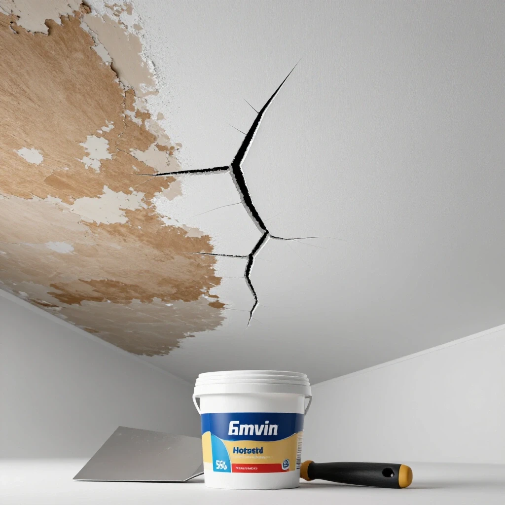 A ceiling with a visible crack being repaired, showcasing old peeling paint and fresh plaster, with tools prominently displayed.