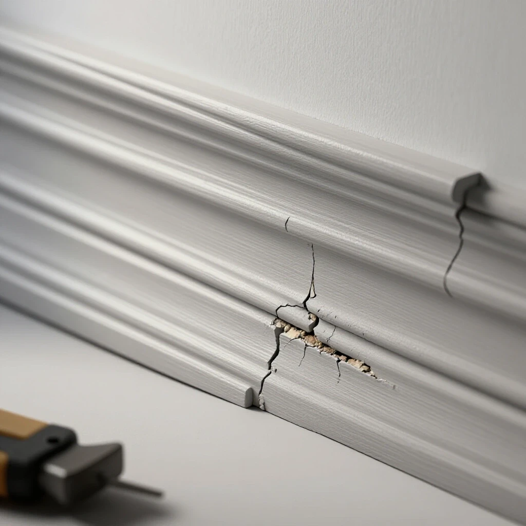 A visually striking image featuring a beautifully restored baseboard beside a cracked one, highlighting texture contrasts.