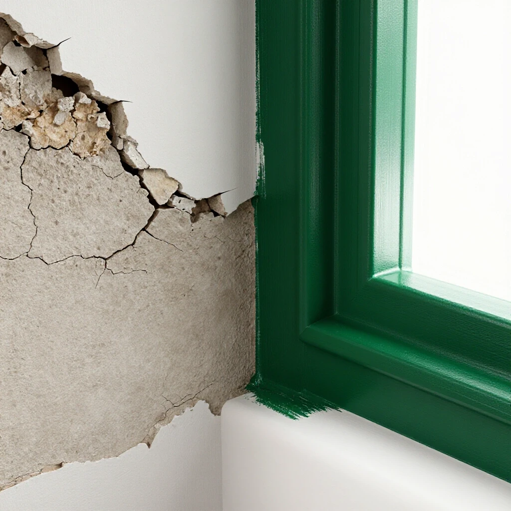 Close-up of a damaged drywall corner-bead repair showing cracked and newly smoothed sections side by side.