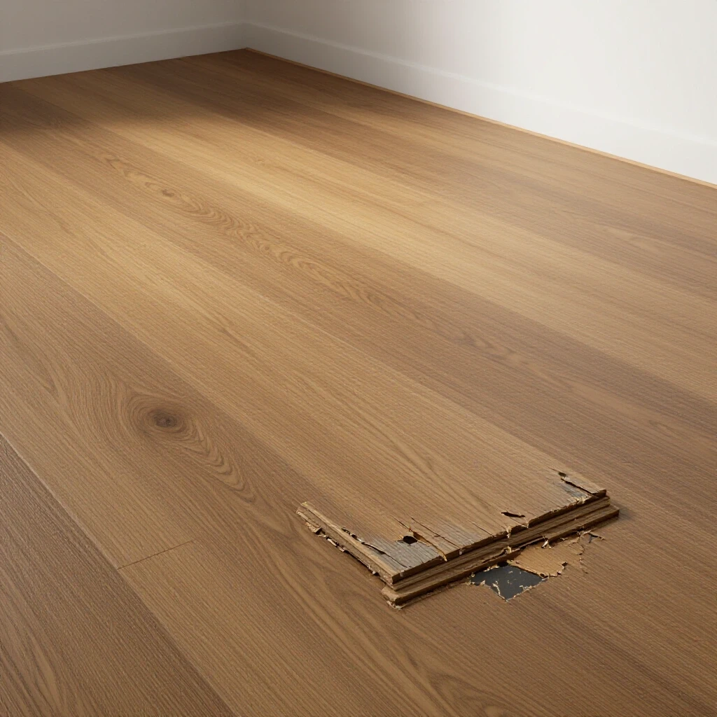 Close-up view of restored laminate flooring next to a distressed area, illustrating repair contrast.