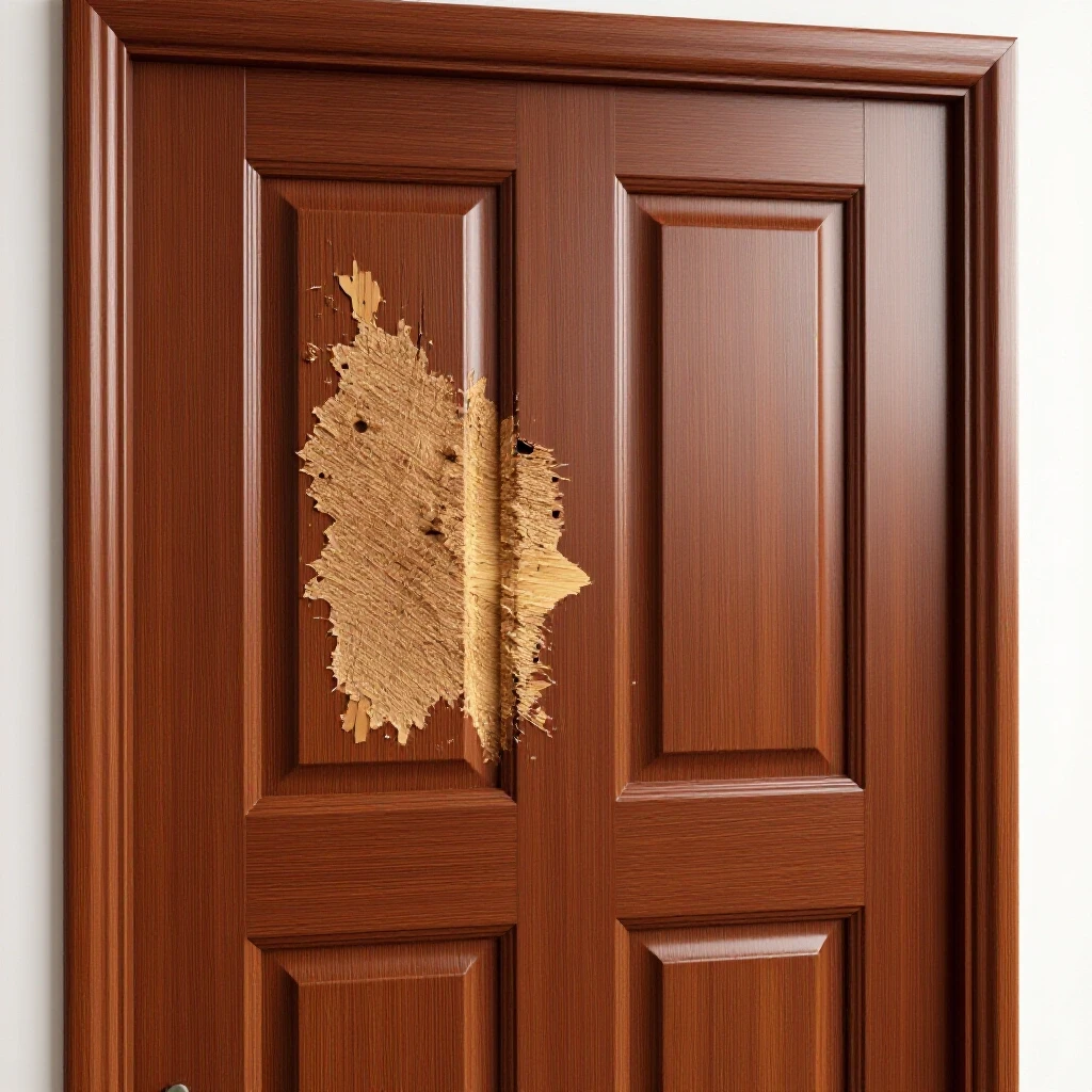 Close-up of a wooden door with a dent, half-repaired with a glossy finish, against a bright background.