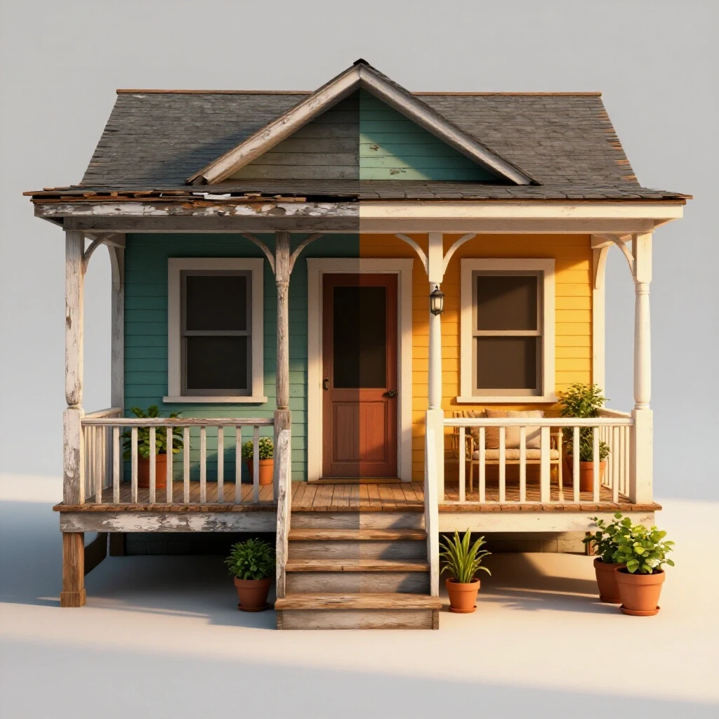 A split image of a front porch showing a neglected side with peeling paint and a beautifully restored side with vibrant decor, illustrating DIY transformation.