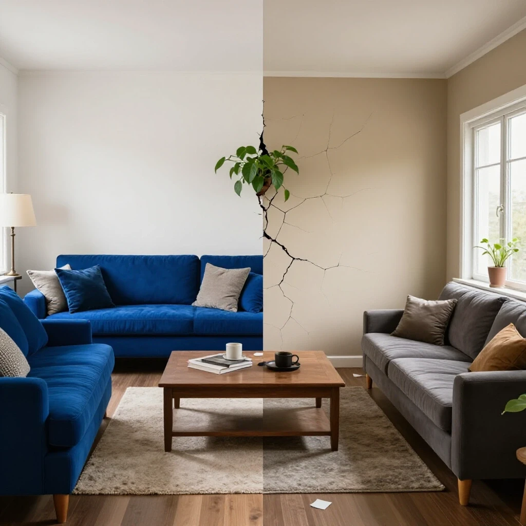 A comparative image showcasing a stylishly restored living room and a damaged version of the same space, emphasizing home repairs.