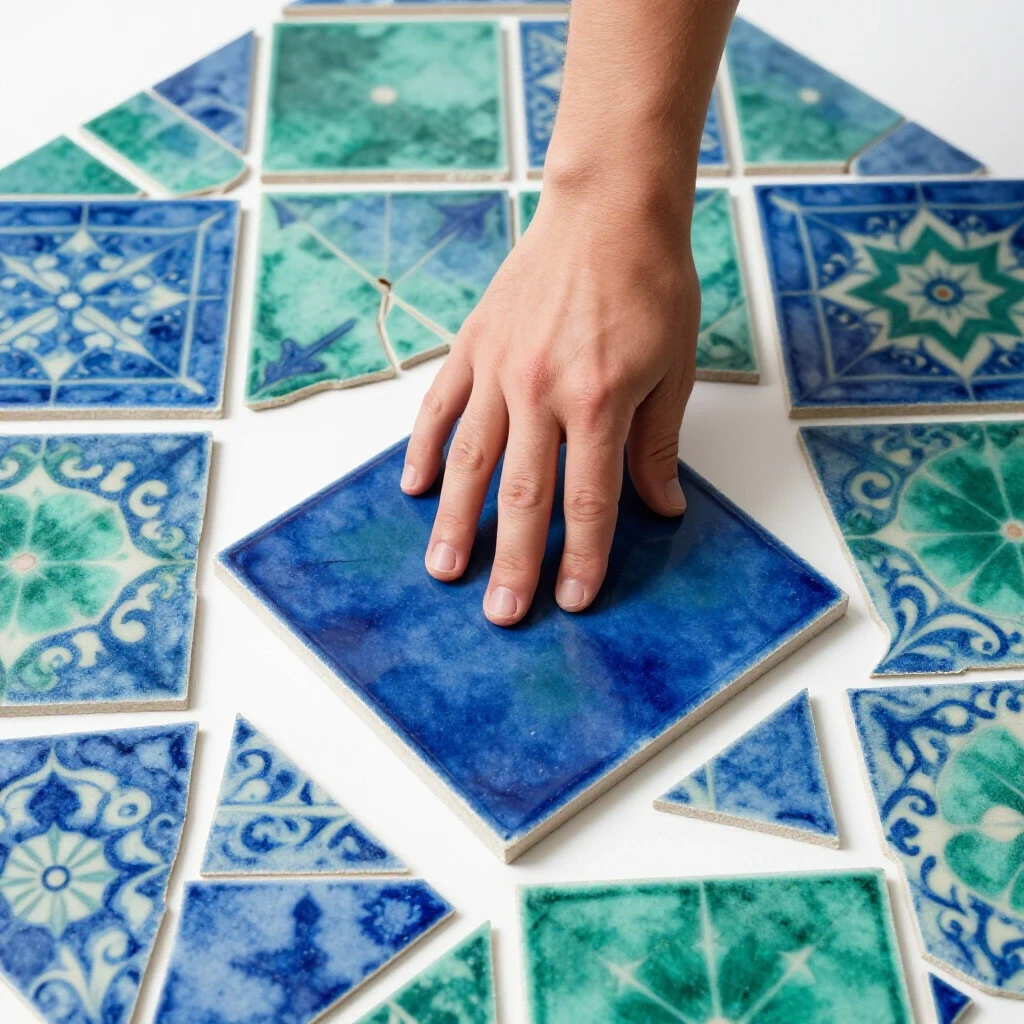A close-up of a hand pressing a loose tile back into place on a tiled floor, showcasing repair in progress.
