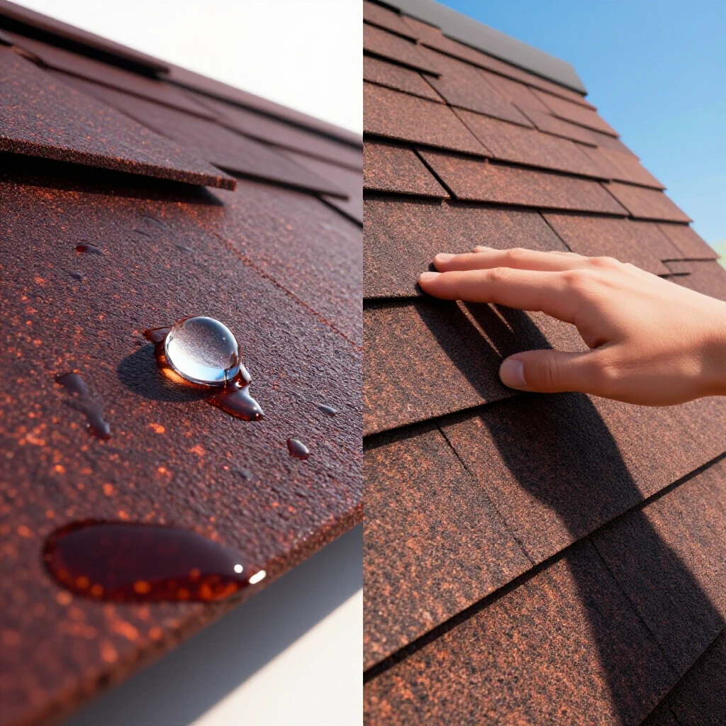 A close-up of a water droplet on a roof alongside a hand inspecting shingles against a blue sky background.
