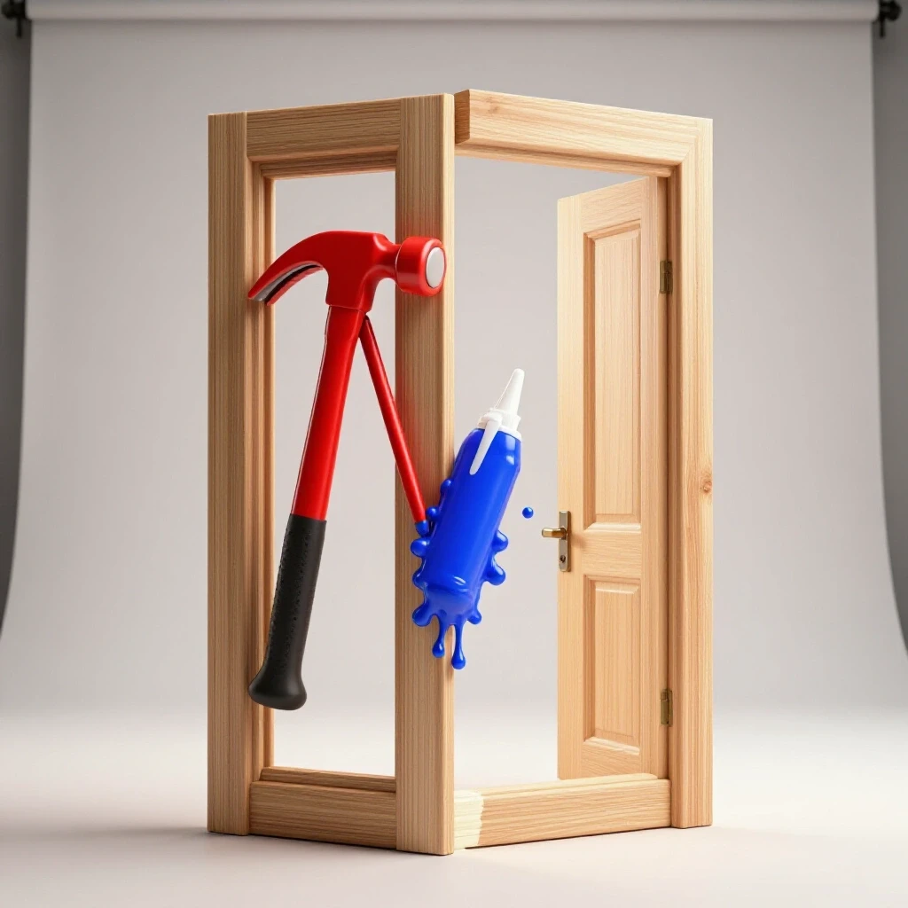 A split door frame image displaying tools on one side and a restored frame on the other, showcasing a repair process.