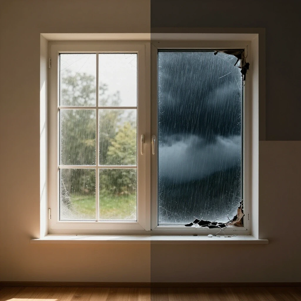 Split image showing a sunlit room with a sealed window on one side and a storm with a leaking window on the other side.