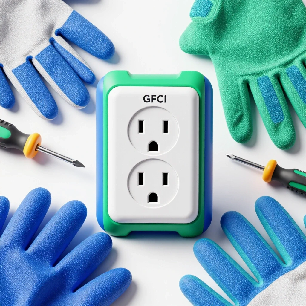 A close-up of a partially disassembled GFCI outlet in a serene bathroom setting with tools nearby.