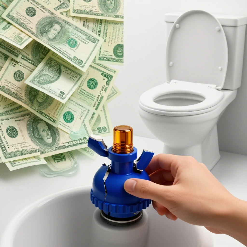 A broken toilet flapper with a hand reaching to replace it, contrasted by a bright water bill in the background.