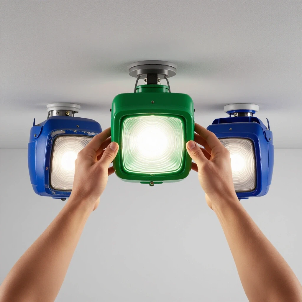Hands carefully removing a ceiling light fixture, with a new shiny light box beside an old worn one.
