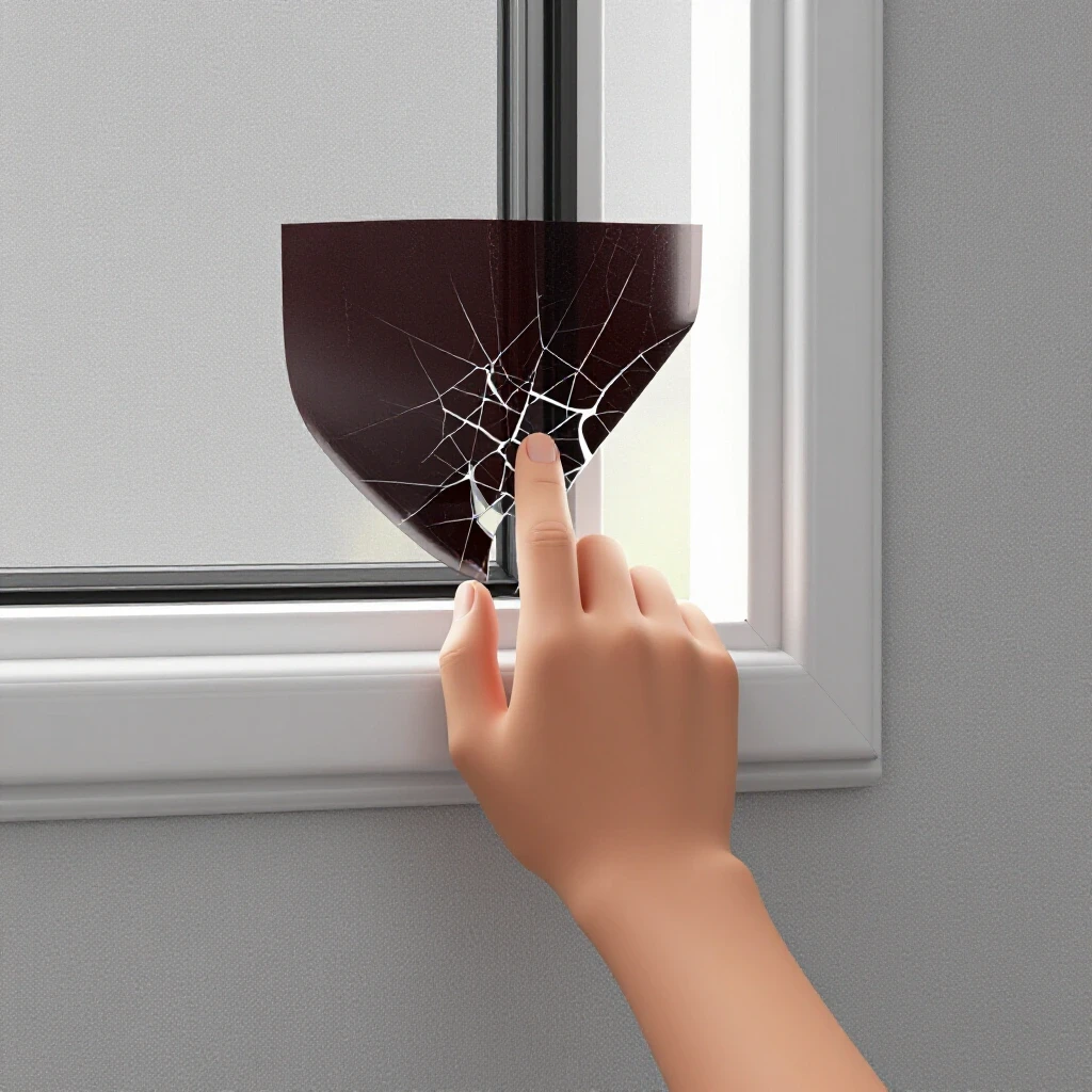 A close-up of a hand peeling away a cracked window seal, revealing a bright and inviting interior behind.
