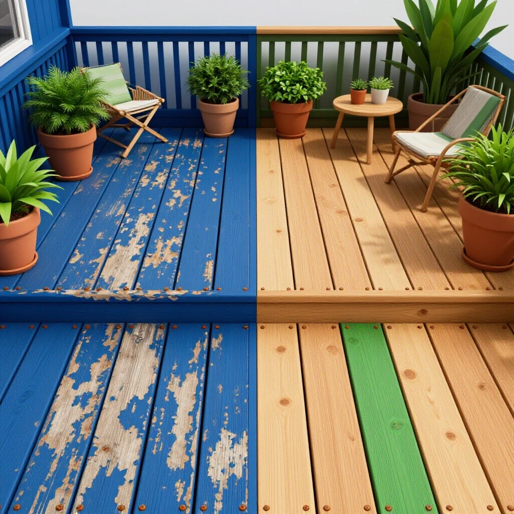 A comparison image showing a worn-out deck and its beautifully restored counterpart, highlighting DIY maintenance tips.