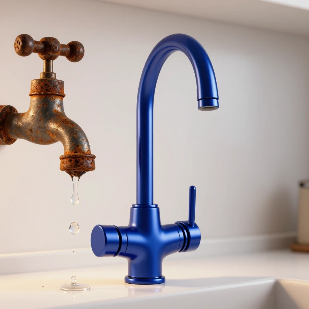 A new royal blue kitchen faucet contrasted with a rusted old faucet, highlighting a home improvement project.