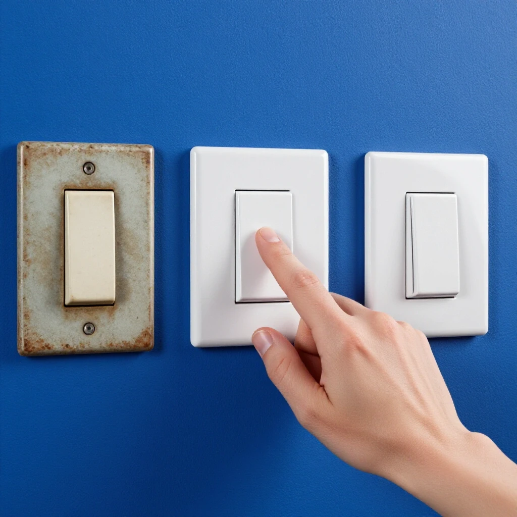 Hand replacing a light switch plate against a vibrant royal blue wall, showcasing transformation.