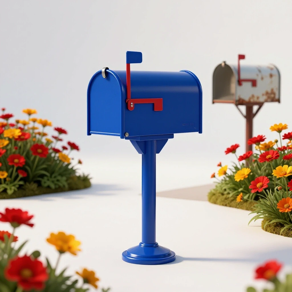 A vibrant, freshly painted royal blue mailbox surrounded by colorful flowers and a pathway, with an outdated mailbox blurred in the background.