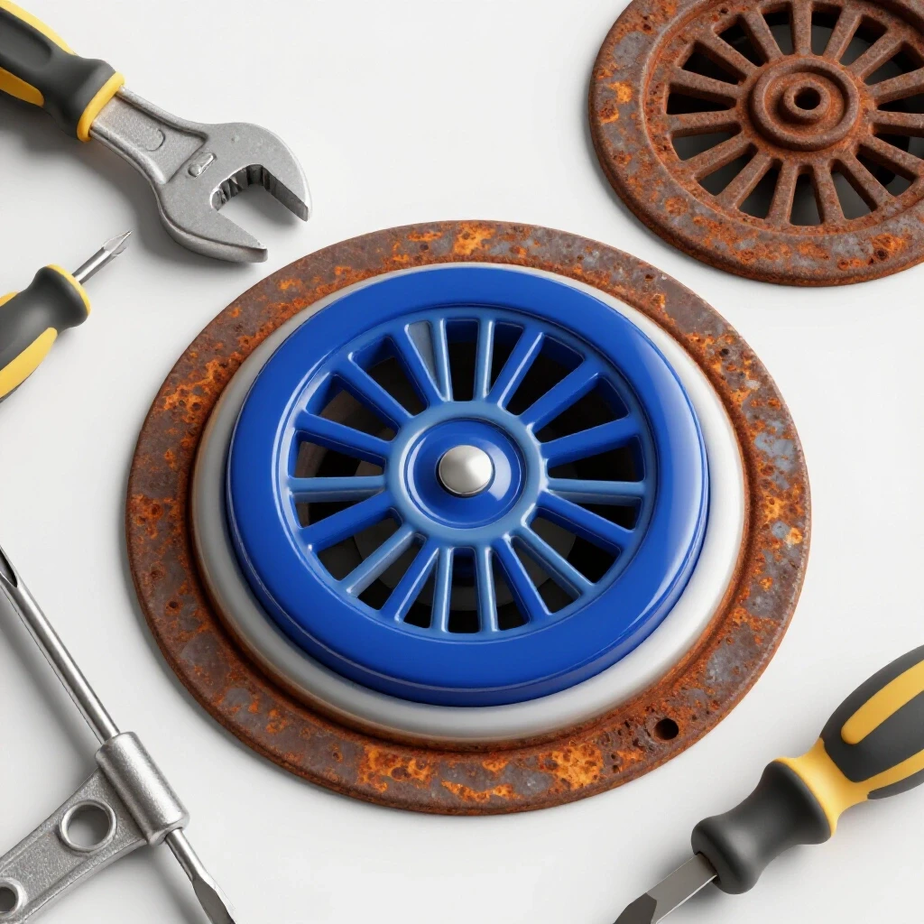 Close-up of a shiny new shower drain cover beside a worn rusted cover, surrounded by a wrench and screwdriver.