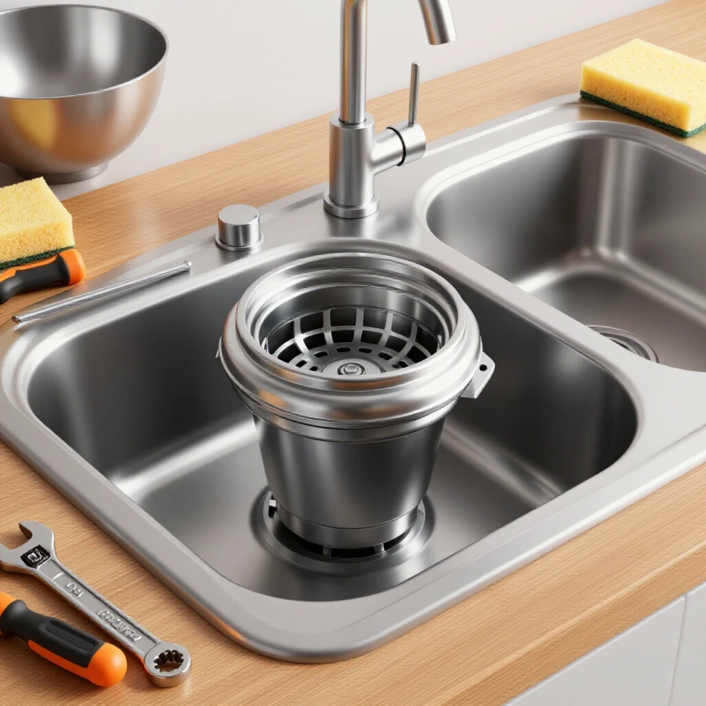 A partially disassembled sink showcasing a shiny garbage disposal unit with tools on a wooden countertop.