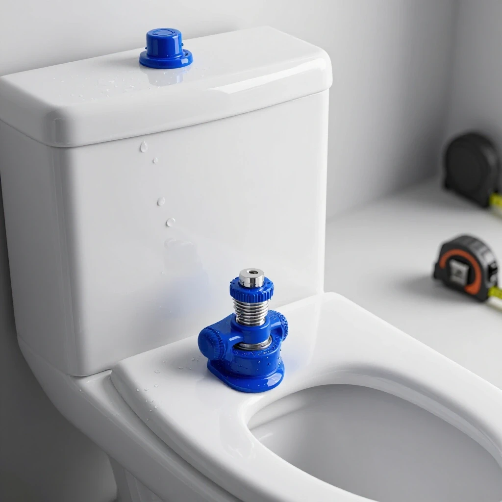 A modern toilet tank featuring an intricate fill valve, surrounded by water droplets, in a clean studio setting.