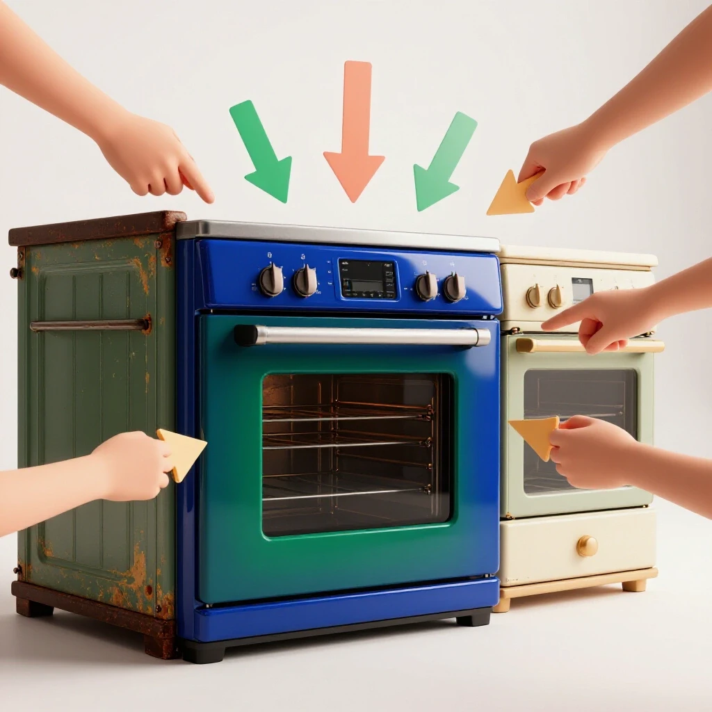 A shiny modern oven contrasted with a worn-out one, symbolizing the upgrade process in kitchen appliances.