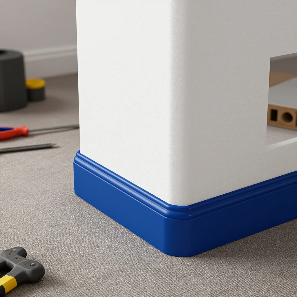 Close-up of a richly colored baseboard seamlessly transitioning to a white wall in a well-lit room corner, with blurred tools in the background.