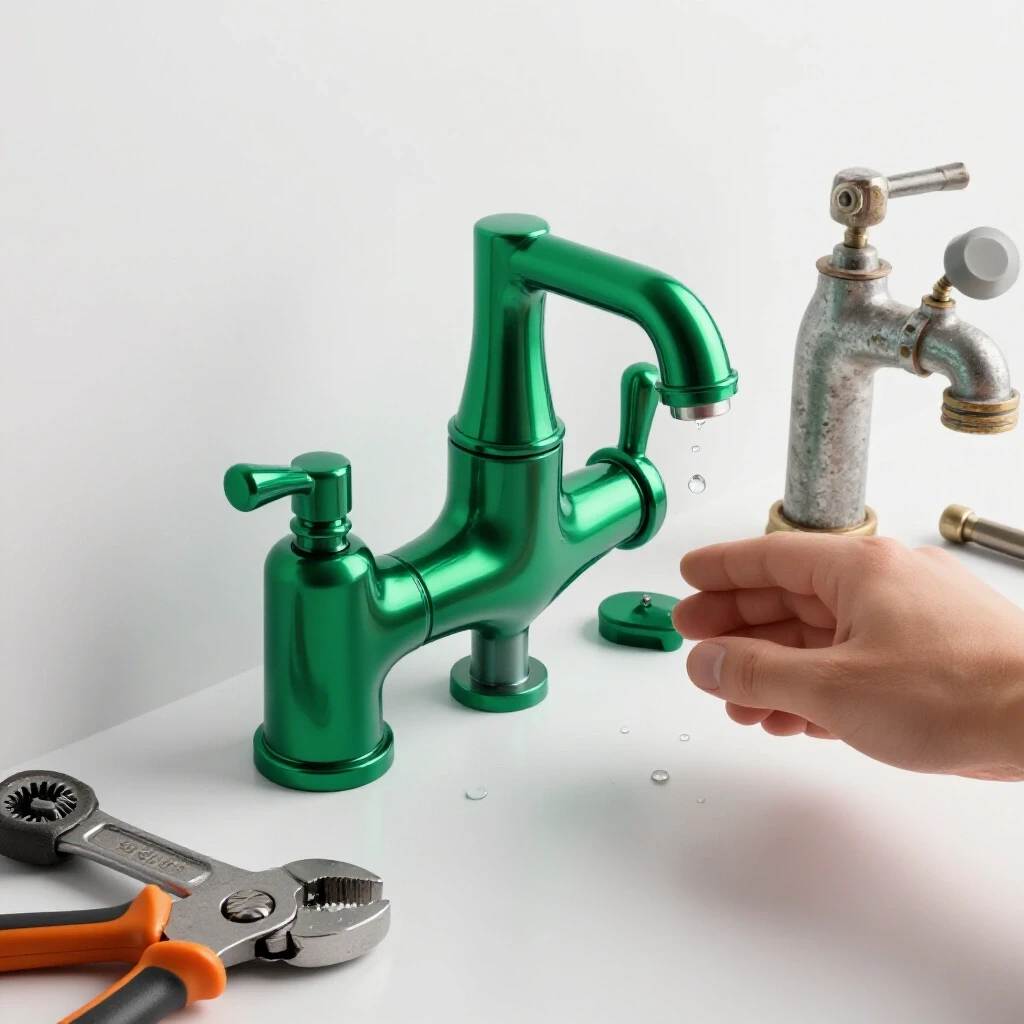 A shiny new faucet contrasts with an old faucet, with a hand reaching to install it, surrounded by tools and water droplets.