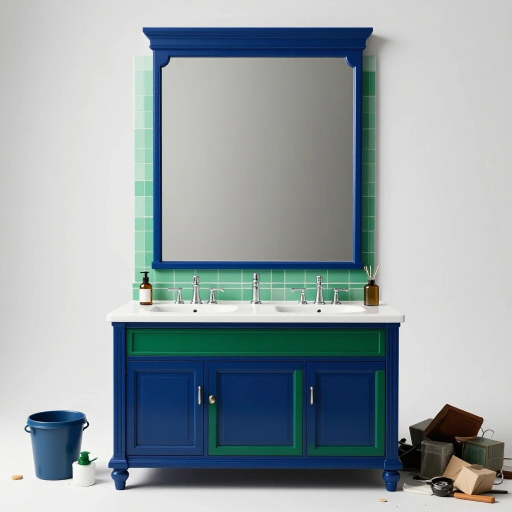 A visually striking bathroom scene with a stylishly framed mirror reflecting a beautifully organized space, contrasting with a cluttered area.