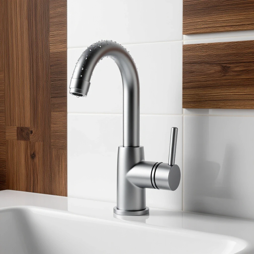 Modern bathroom sink faucet with glistening water droplets against a bright, clean background and contrasting materials.