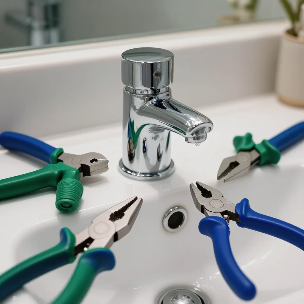 Close-up of a sparkling bathroom sink with tools for replacing a stopper in a beautifully decorated bathroom.