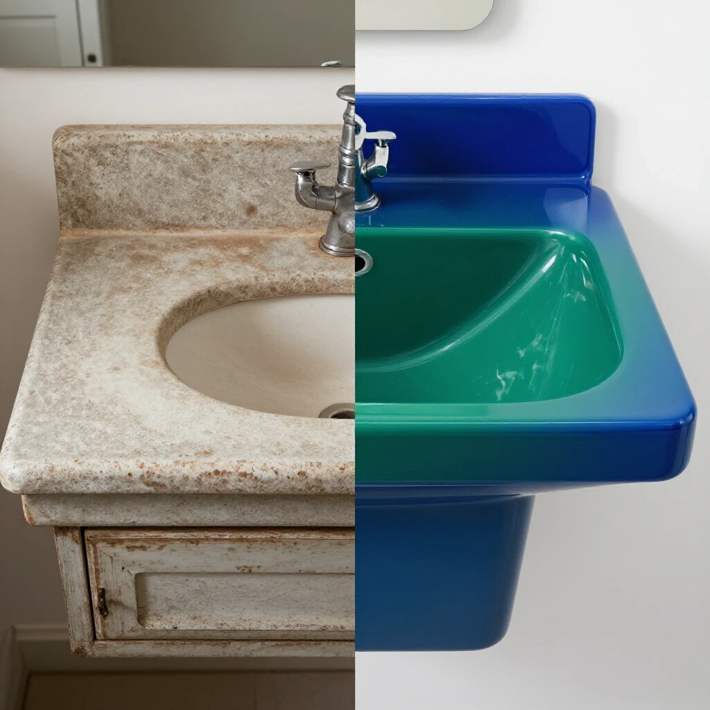 A visual comparison of a worn-out bathroom vanity top on the left and a sleek modern replacement on the right, showcasing transformation.