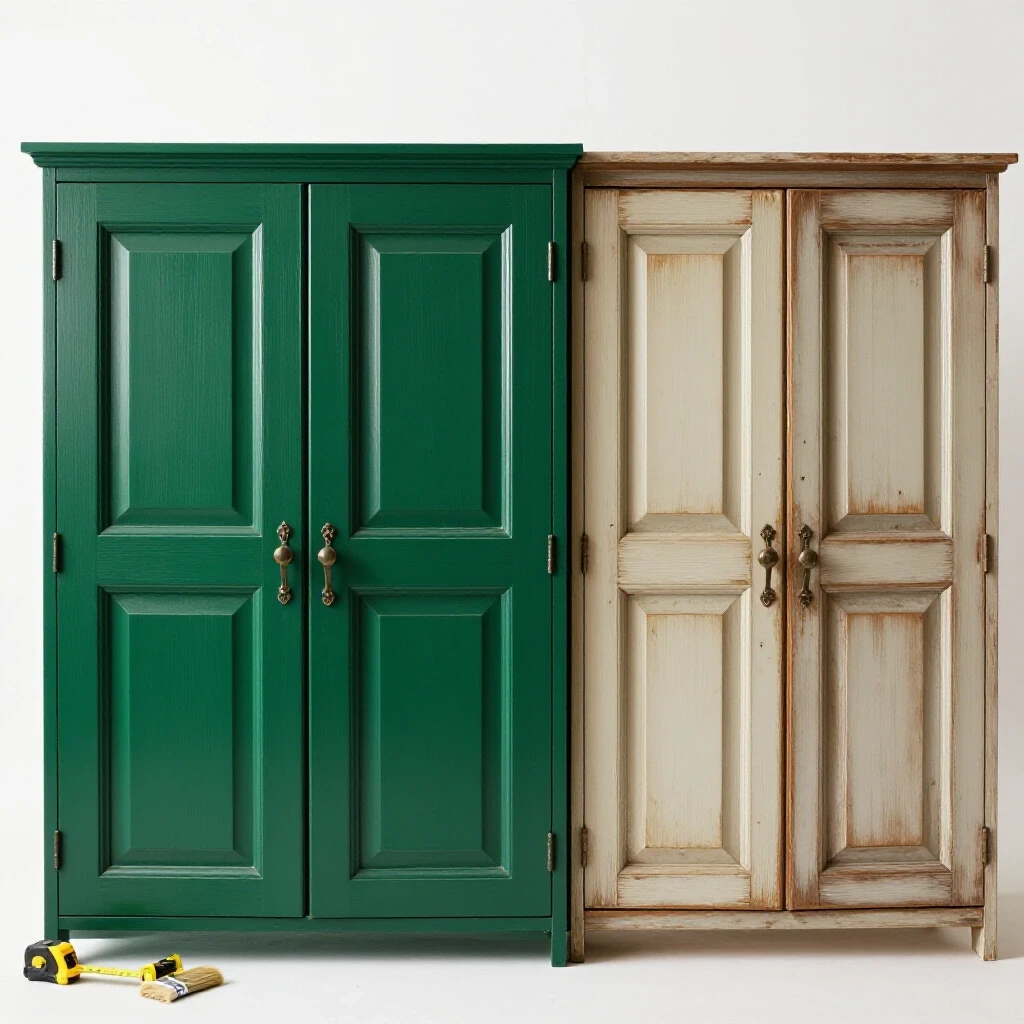 A split image showing modern emerald green cabinet doors on one side and dull, outdated doors on the other, with tools suggesting a DIY project.