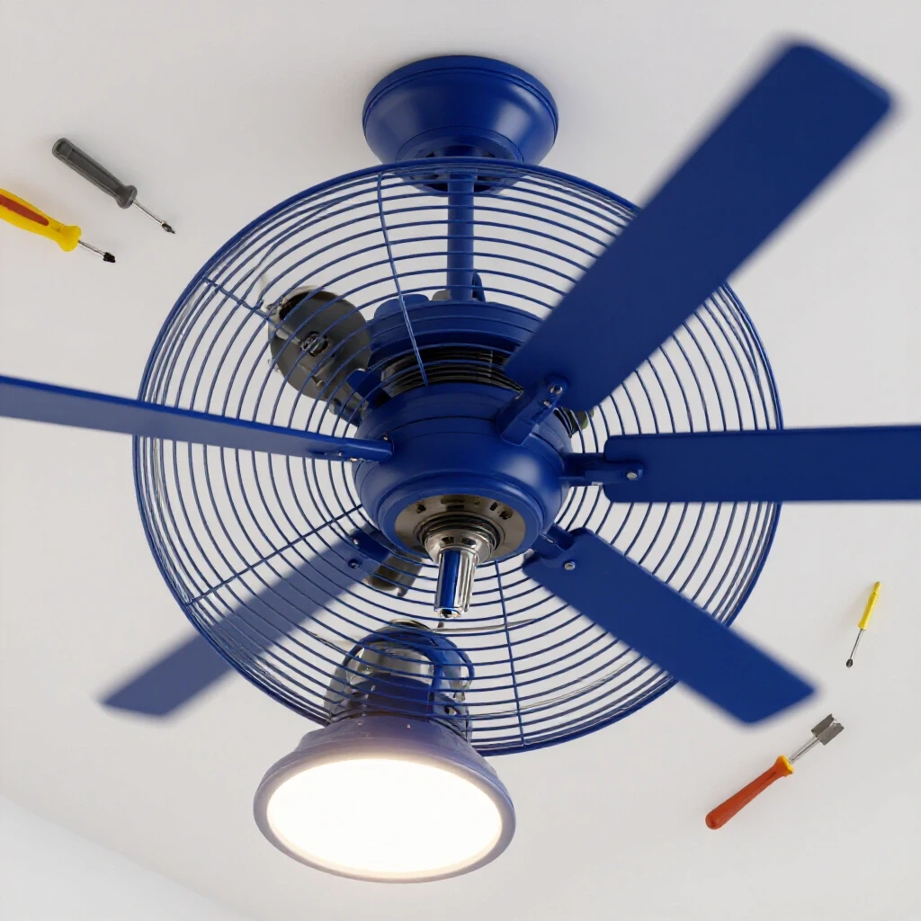 Brightly lit image featuring a disassembled ceiling fan with a luminous light kit and DIY tools in a clean studio environment.