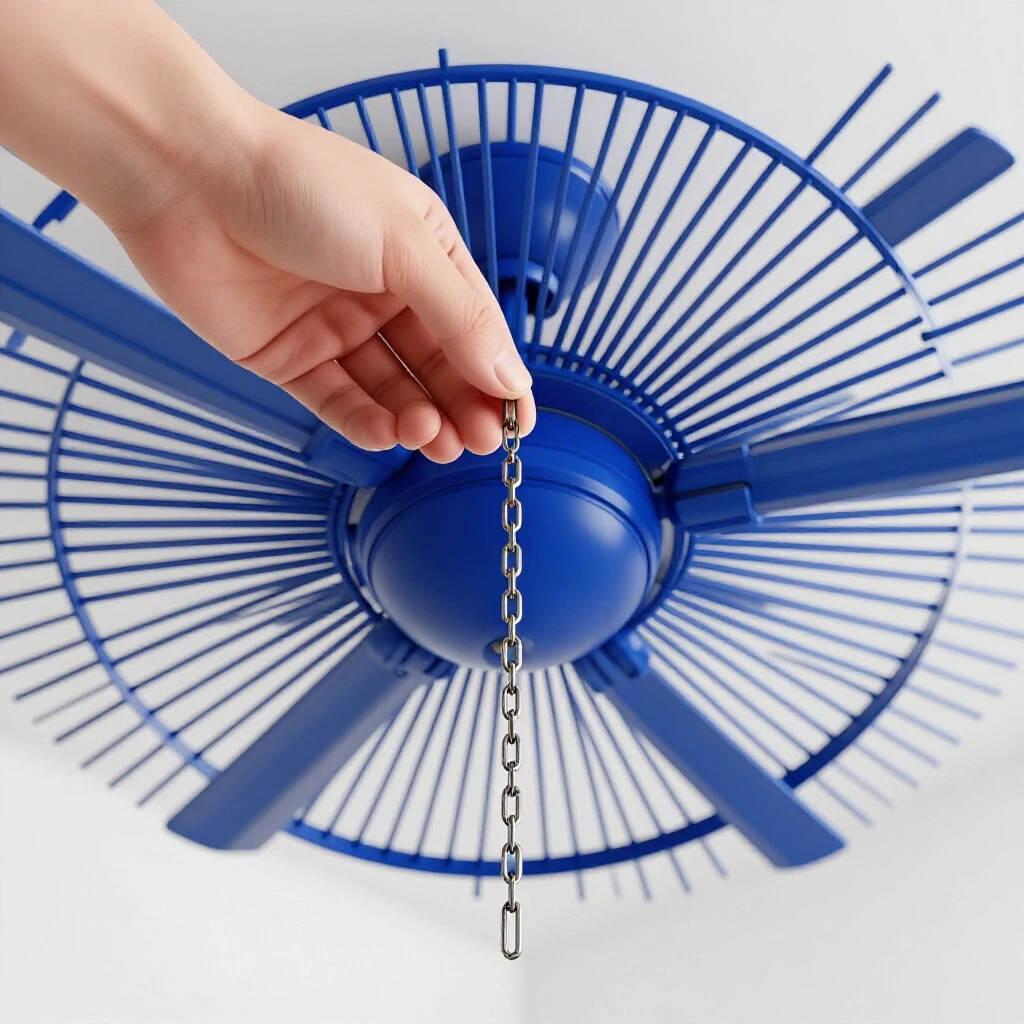 A close-up of a hand replacing a ceiling fan pull chain, with the old chain dangling in the foreground.