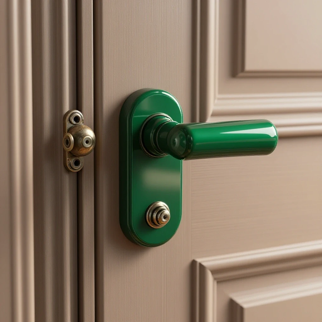 Close-up of a shiny emerald green door knob contrasted with an old knob, set in a blurred doorway background.