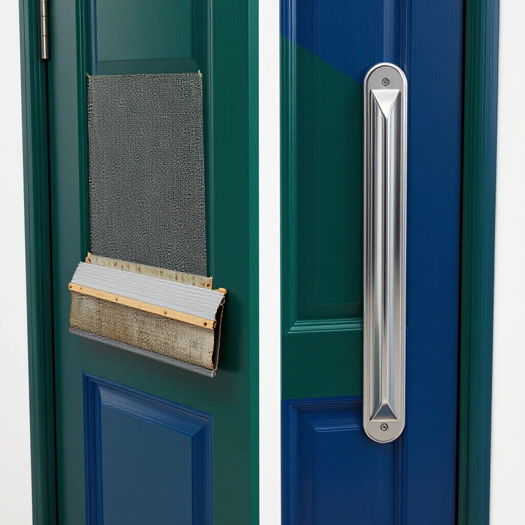 Close-up of a door showcasing old and new door sweeps, illustrating insulation upgrade process.