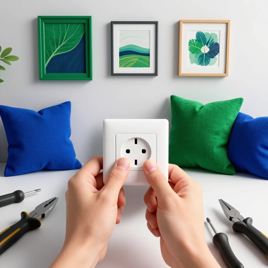 Close-up of a hand replacing an electrical outlet, with bright home decor on one side and dark tools on the other, highlighting DIY safety.