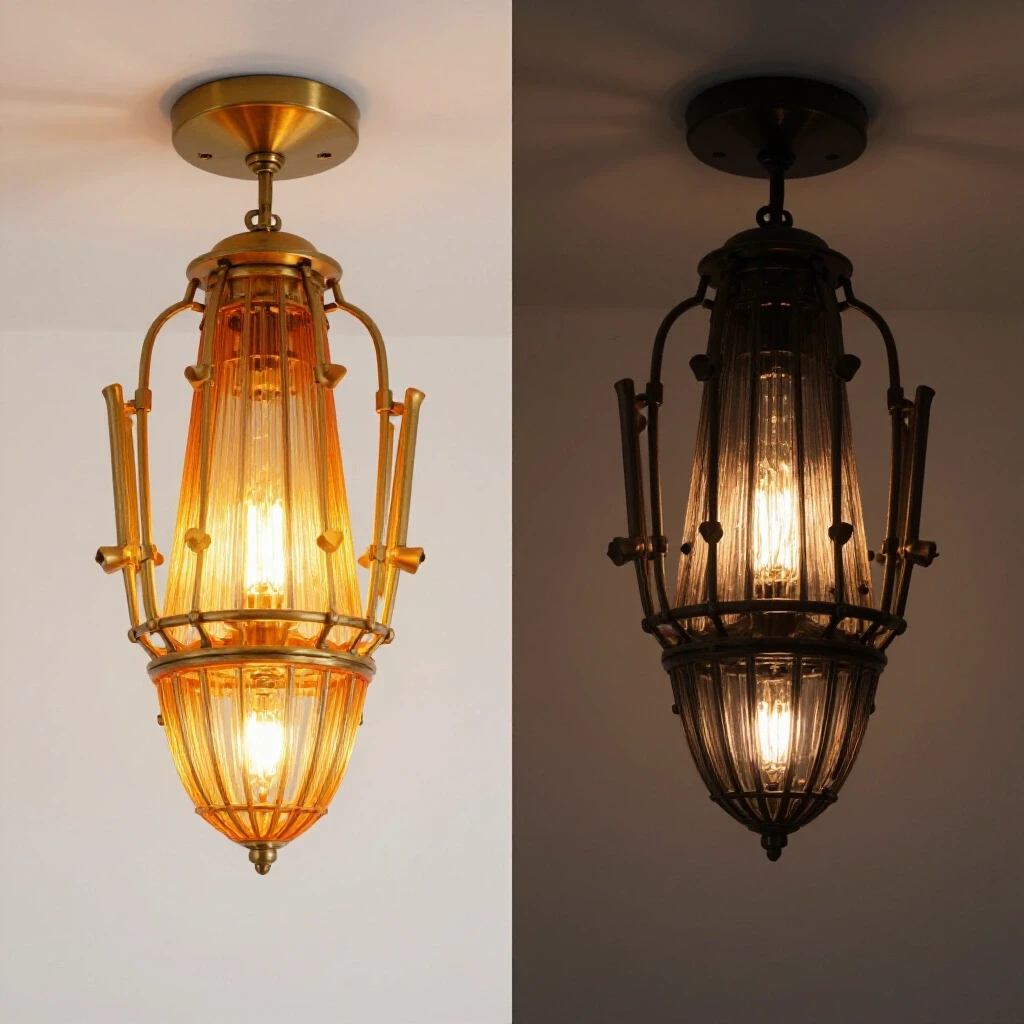 A striking comparison of a glowing light fixture in perfect condition versus a shadowy, broken version, illustrating maintenance importance.
