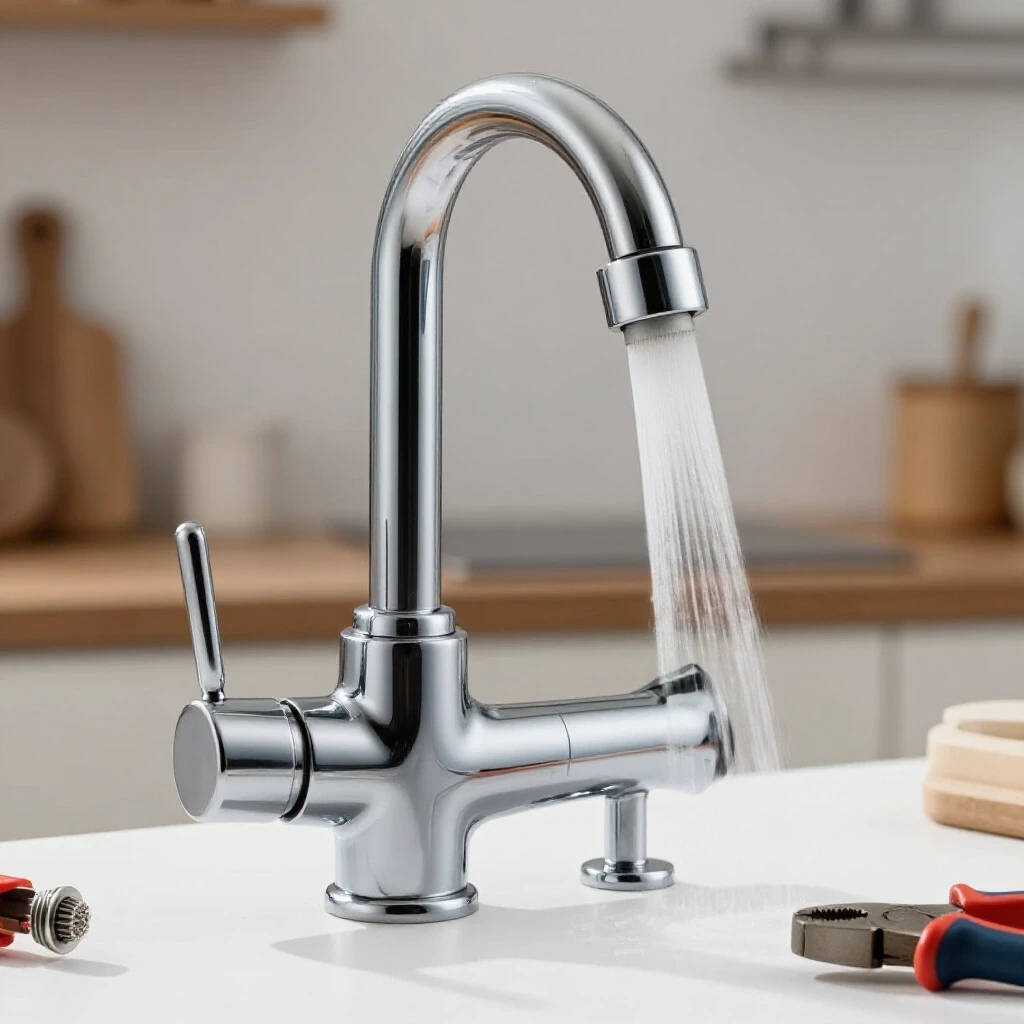 A close-up of a shiny new kitchen faucet with water flowing, surrounded by tools in a blurred rustic kitchen.