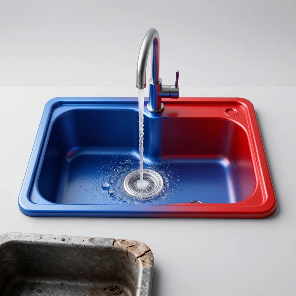 A newly installed kitchen sink with water flowing juxtaposed against an old leaking sink, showcasing seal replacement.