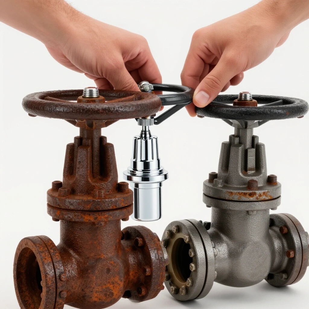 Close-up image of a shiny chrome shutoff valve next to a rusty valve, with hands positioned to make the switch.
