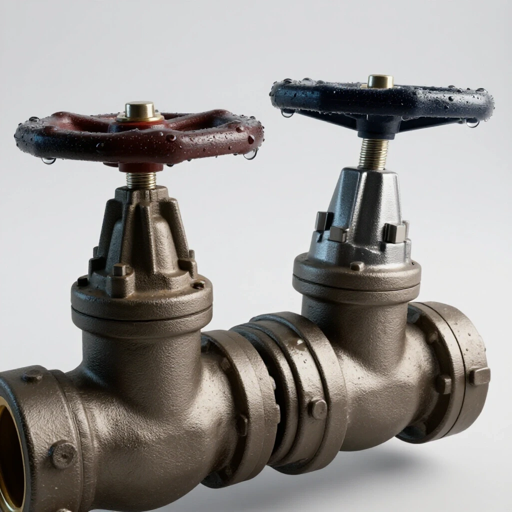 A shiny new supply valve and an old supply valve with water droplets highlighting the contrast of new versus old.