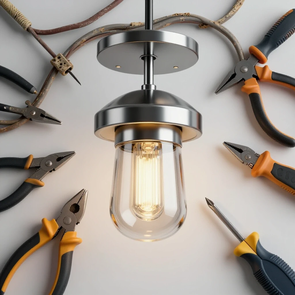 Sleek modern light fixture contrasted with vintage wiring and DIY tools in a well-lit studio environment.