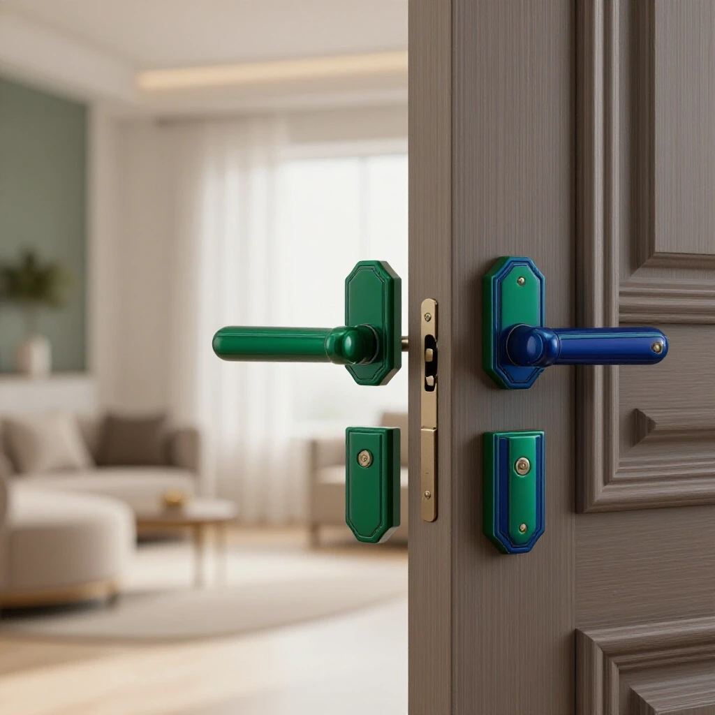 Close-up of elegant door hardware contrasted against a beautifully styled room background, symbolizing design consistency.