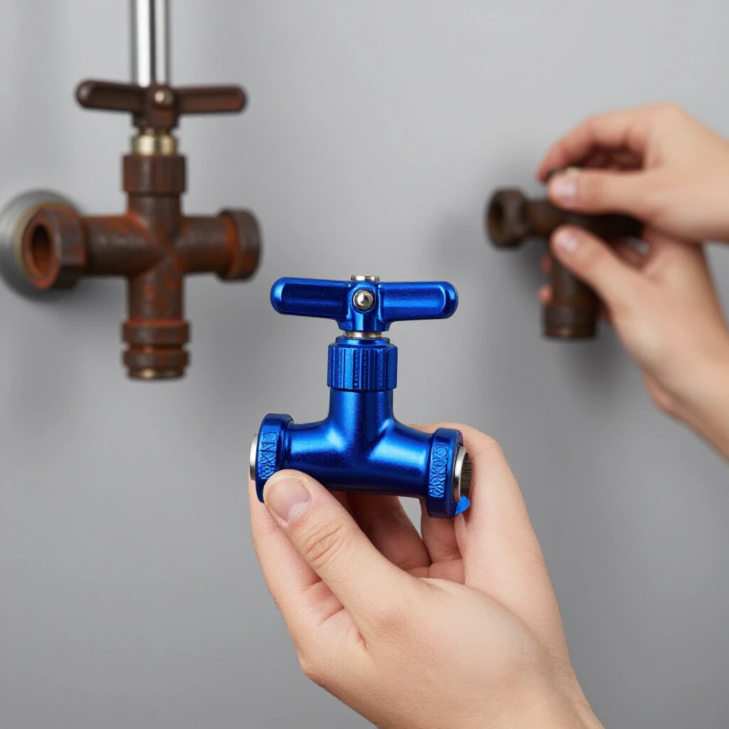 Close-up of a shiny new shower valve juxtaposed with a rusty old valve, highlighting DIY plumbing transformation.