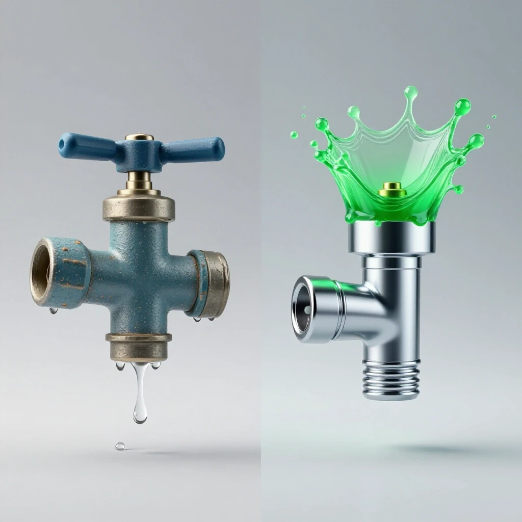 A split view image showing an old dripping flush valve next to a new shiny flush valve, symbolizing water savings.