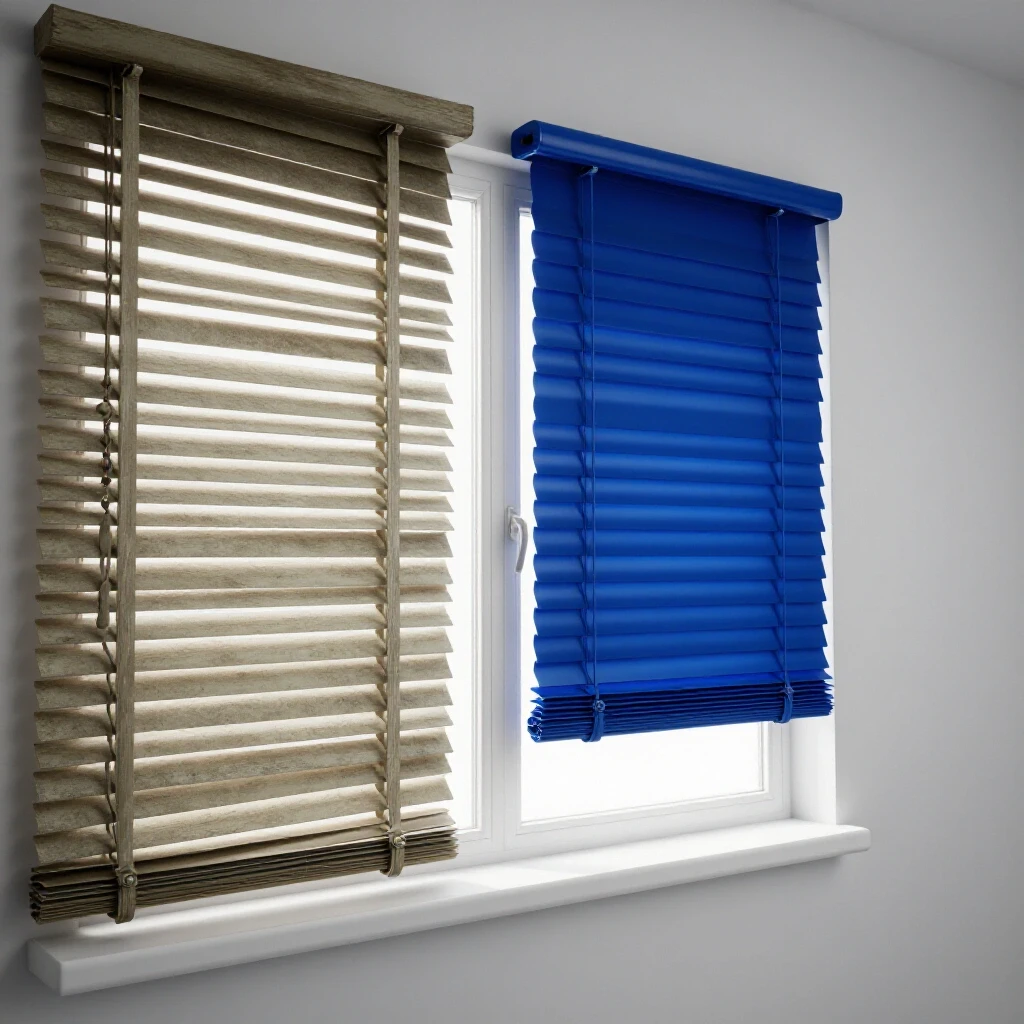 A vibrant window display with contrasting old tattered blinds and new stylish blinds showcasing transformation.