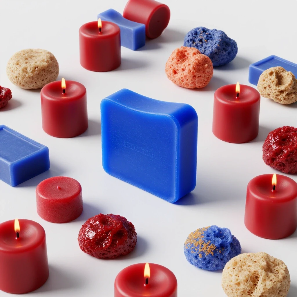 Vibrant soap bar with colorful handmade candles and natural scrubs on a light grey background, showing creative repurposing.