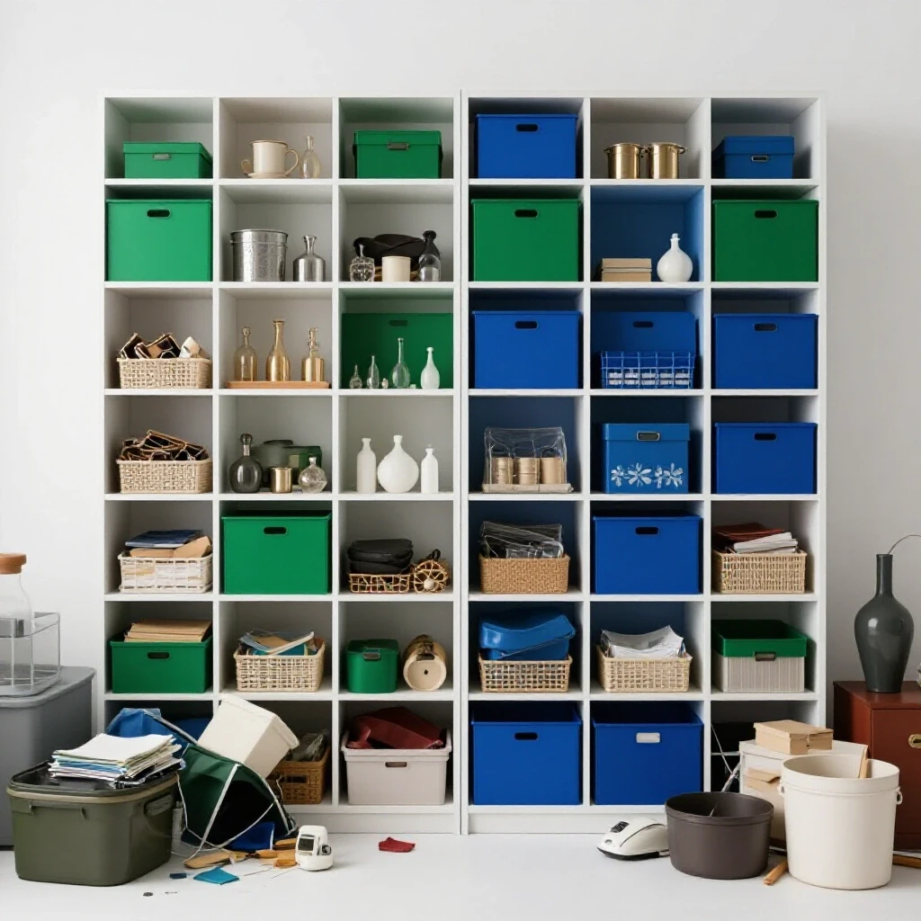A split image showing a chaotic room on one side and an organized space on the other, highlighting home organization tips.