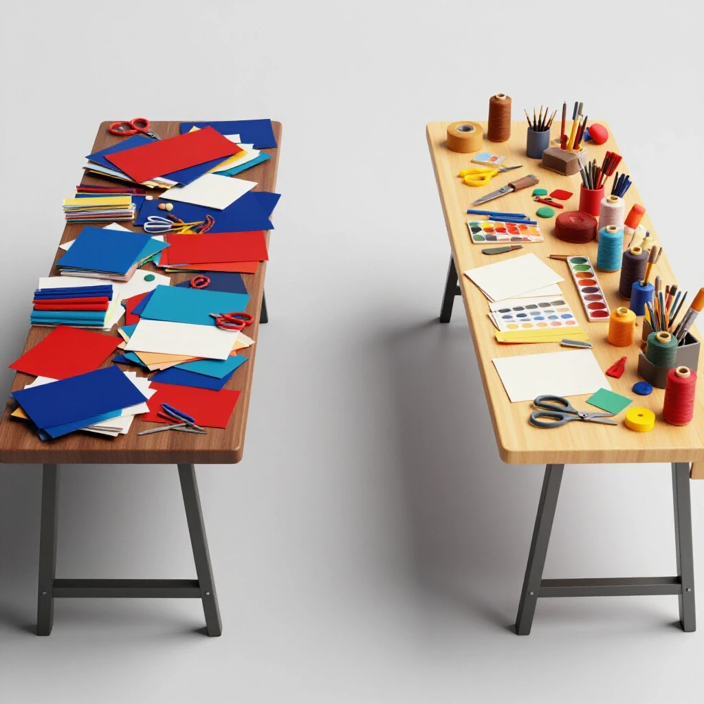 A transformation image of a craft table from clutter to organization, showcasing vibrant supplies and colors.