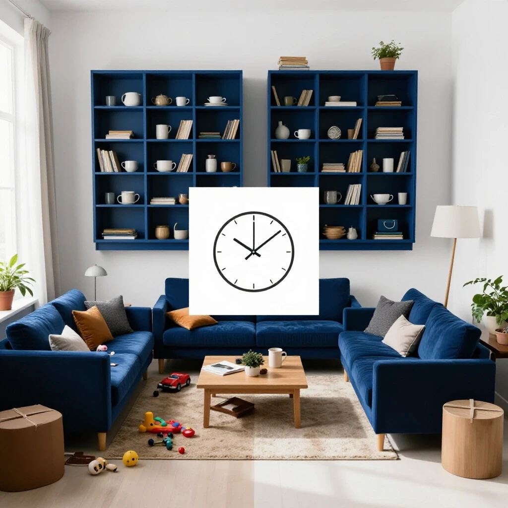 A visual contrast of a chaotic living room on one side and a serene, organized space on the other, illustrating a quick reset concept.