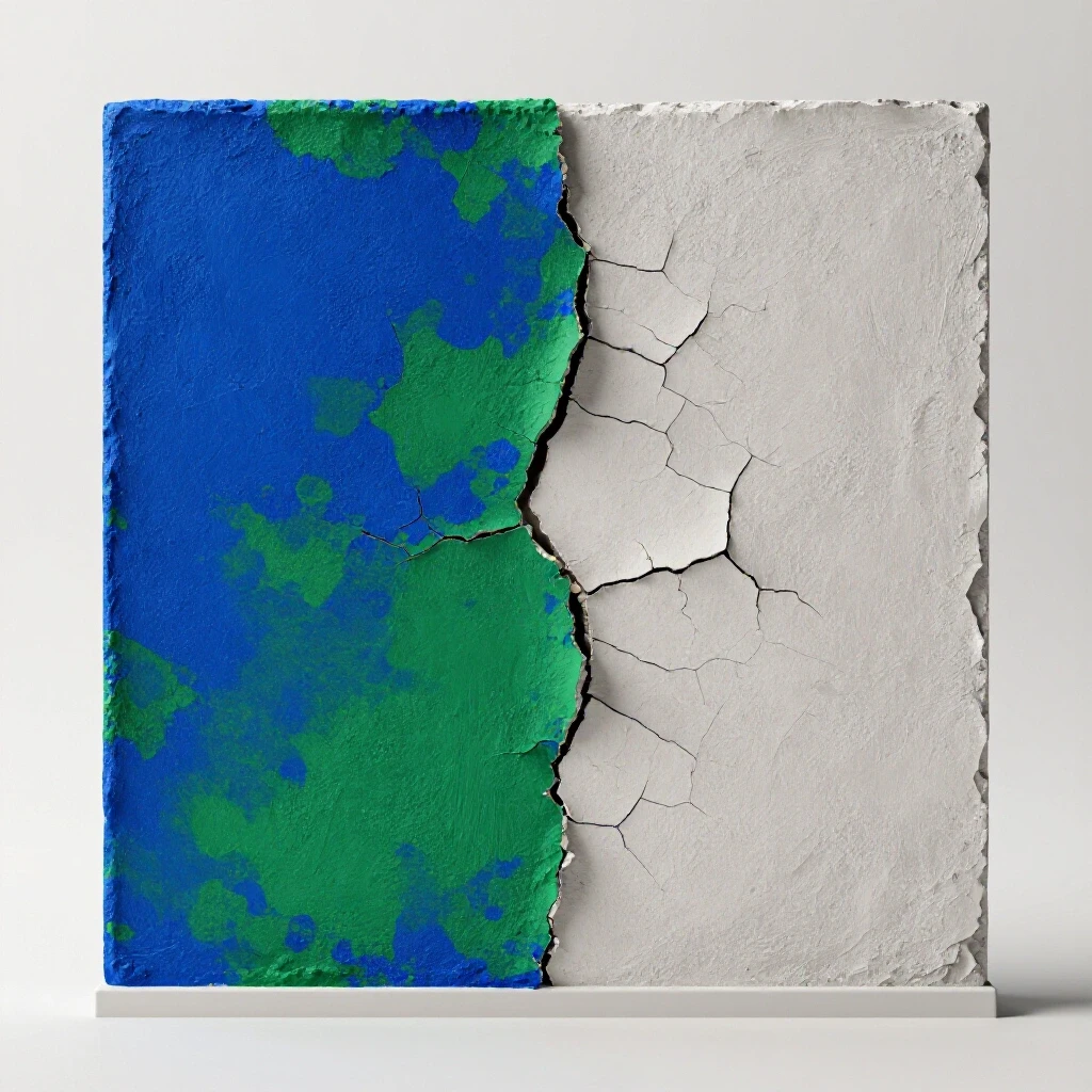 A striking visual of a half-restored plaster wall showcasing vivid textures on one side and peeling plaster on the other.